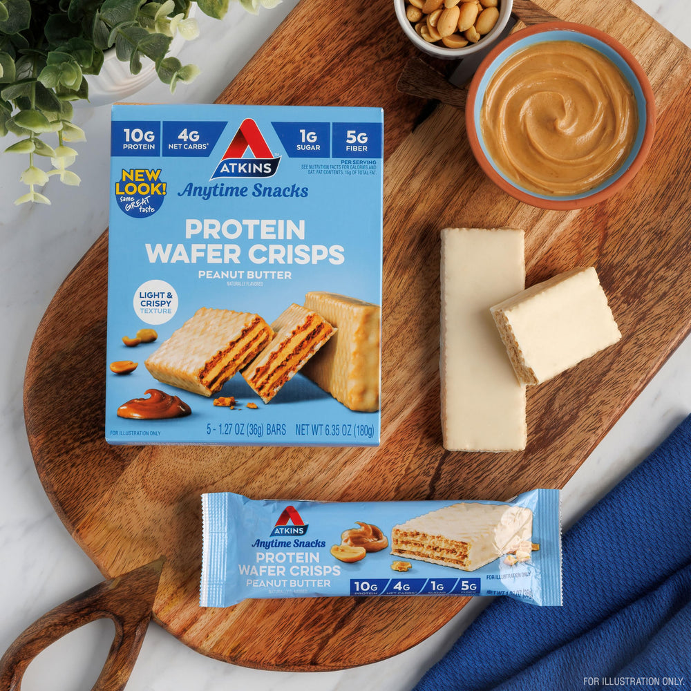 Atkins Peanut Butter Protein Wafer Crisps travel-friendly packaging.