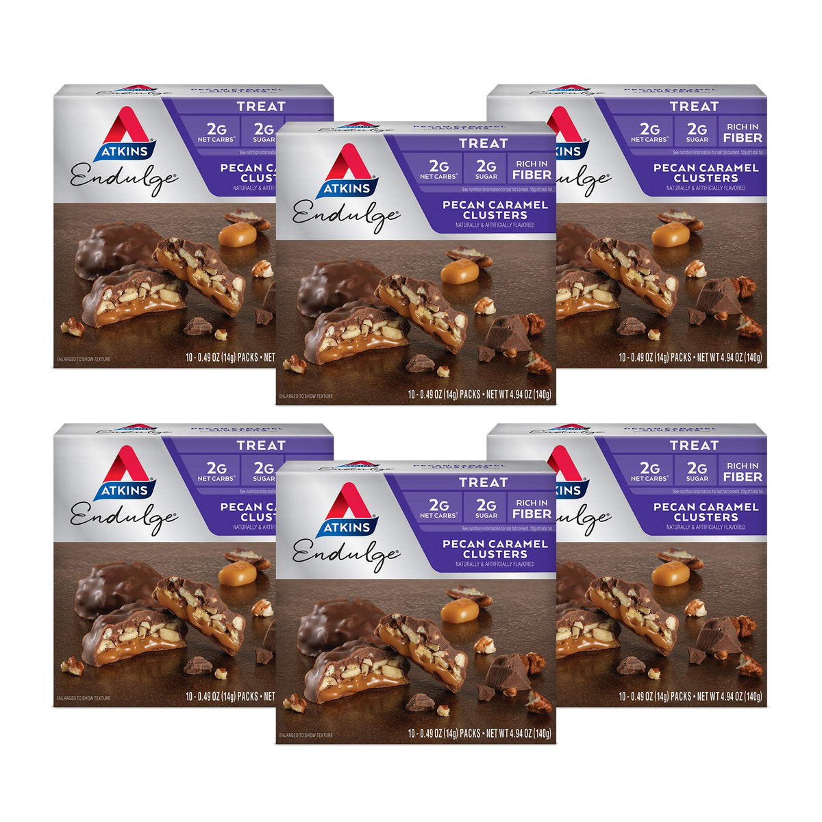 Atkins Pecan Caramel Clusters packaging with a six-carton box for easy stocking.