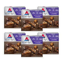 Atkins Pecan Caramel Clusters packaging with a six-carton box for easy stocking.