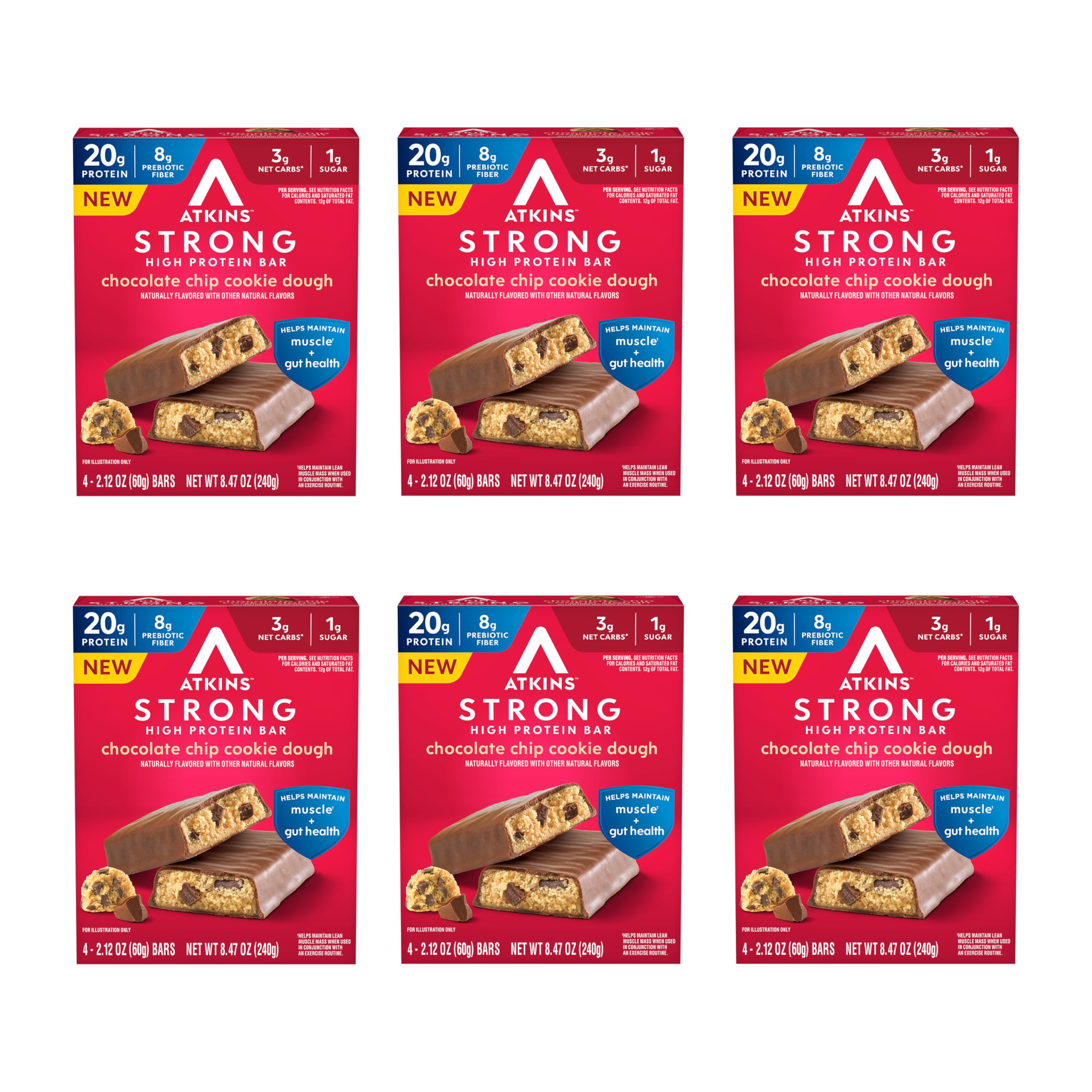 Atkins Strong Chocolate Chip Cookie Dough Bar front view, a protein-packed snack