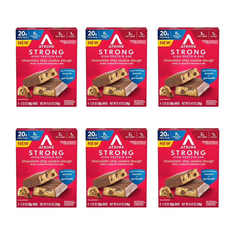 Atkins Strong Chocolate Chip Cookie Dough Bar front view, a protein-packed snack