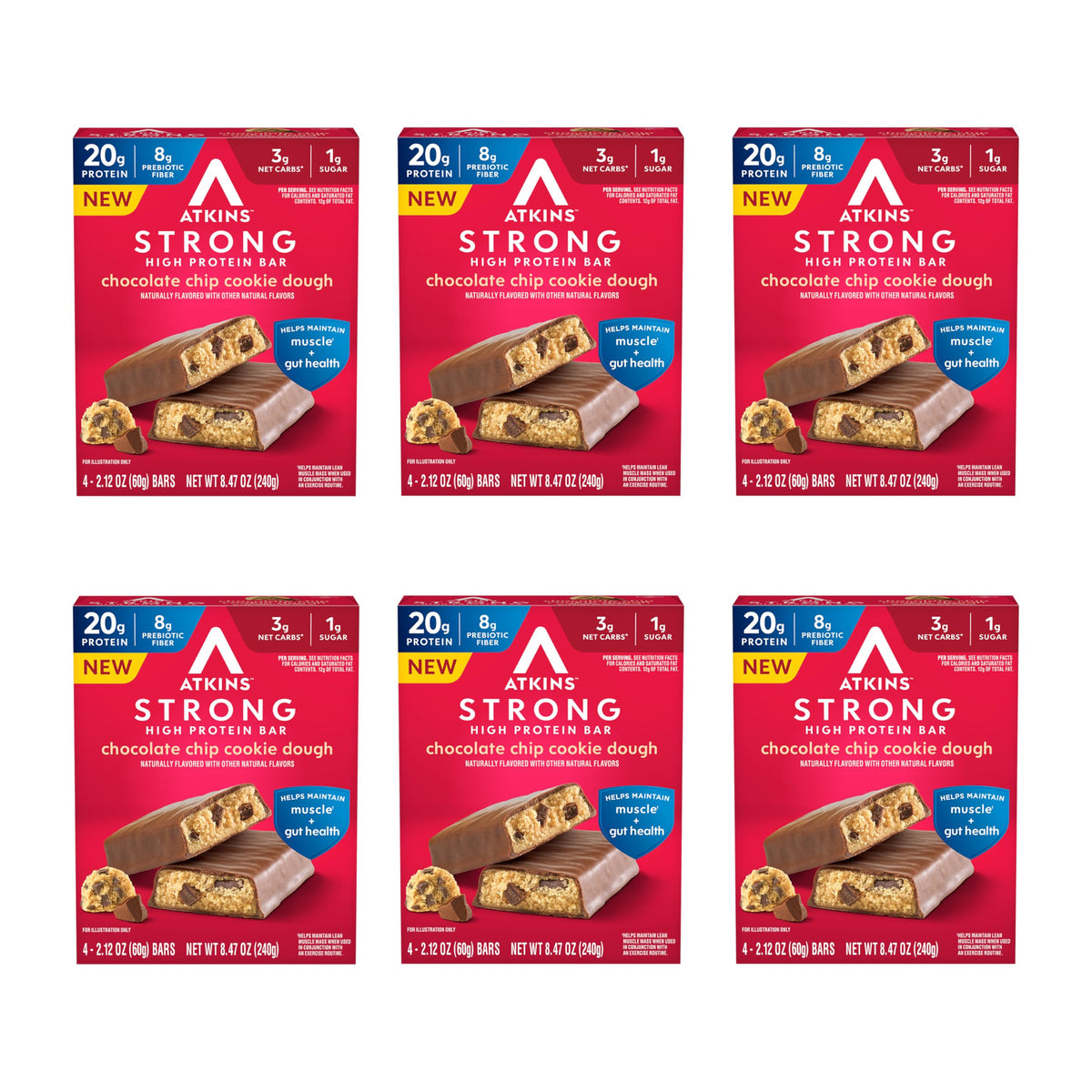 Atkins Strong Chocolate Chip Cookie Dough Bar front view, a protein-packed snack