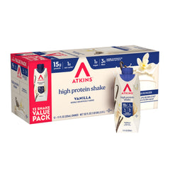 Atkins vanilla high-protein shake bottle for on-the-go nutrition with 15g protein per serving