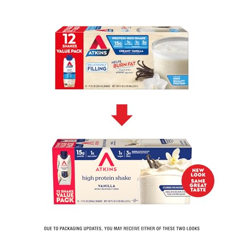 Atkins vanilla high-protein shake glass showing creamy texture and 15g protein