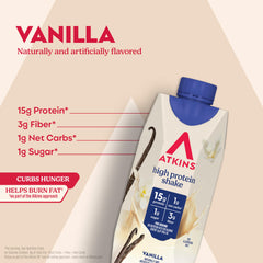 On-the-go packaging for Atkins vanilla shake, ideal for quick breakfast