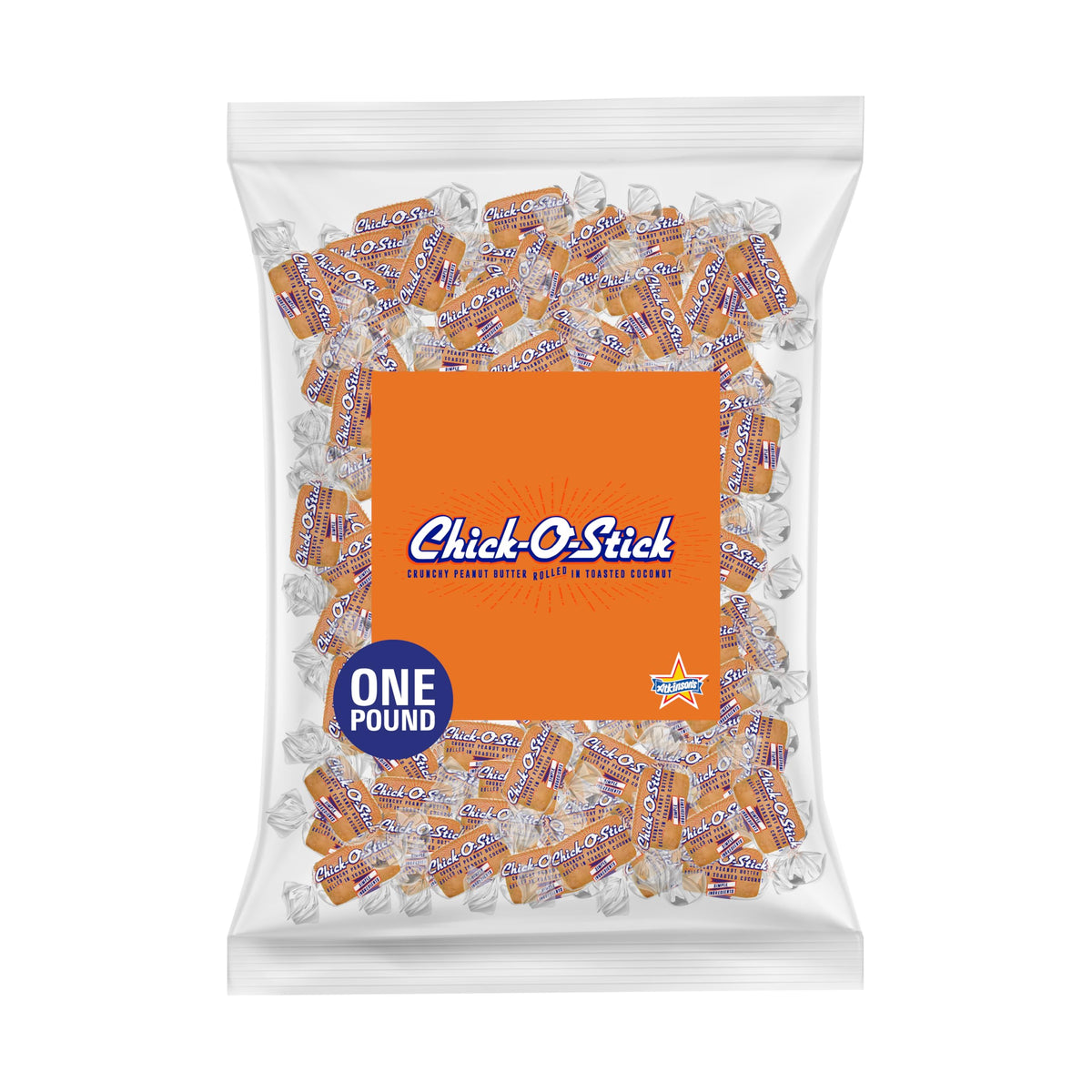 Atkinson's Chick-O-Stick close-up shows crunchy peanut butter with toasted coconut, great for snacking.