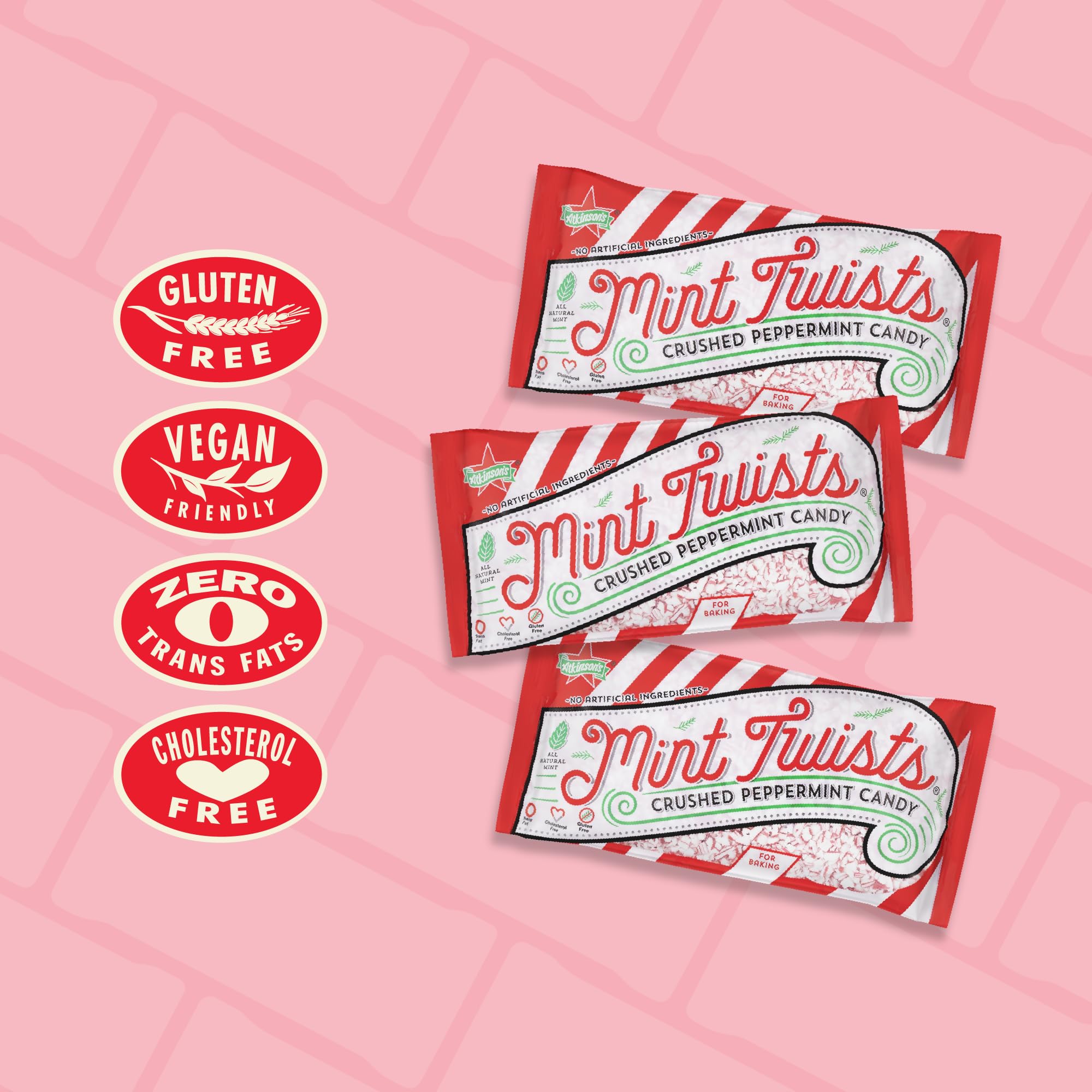 Colorful red and white Atkinson's Mint Twists Crushed add color to party snacks.