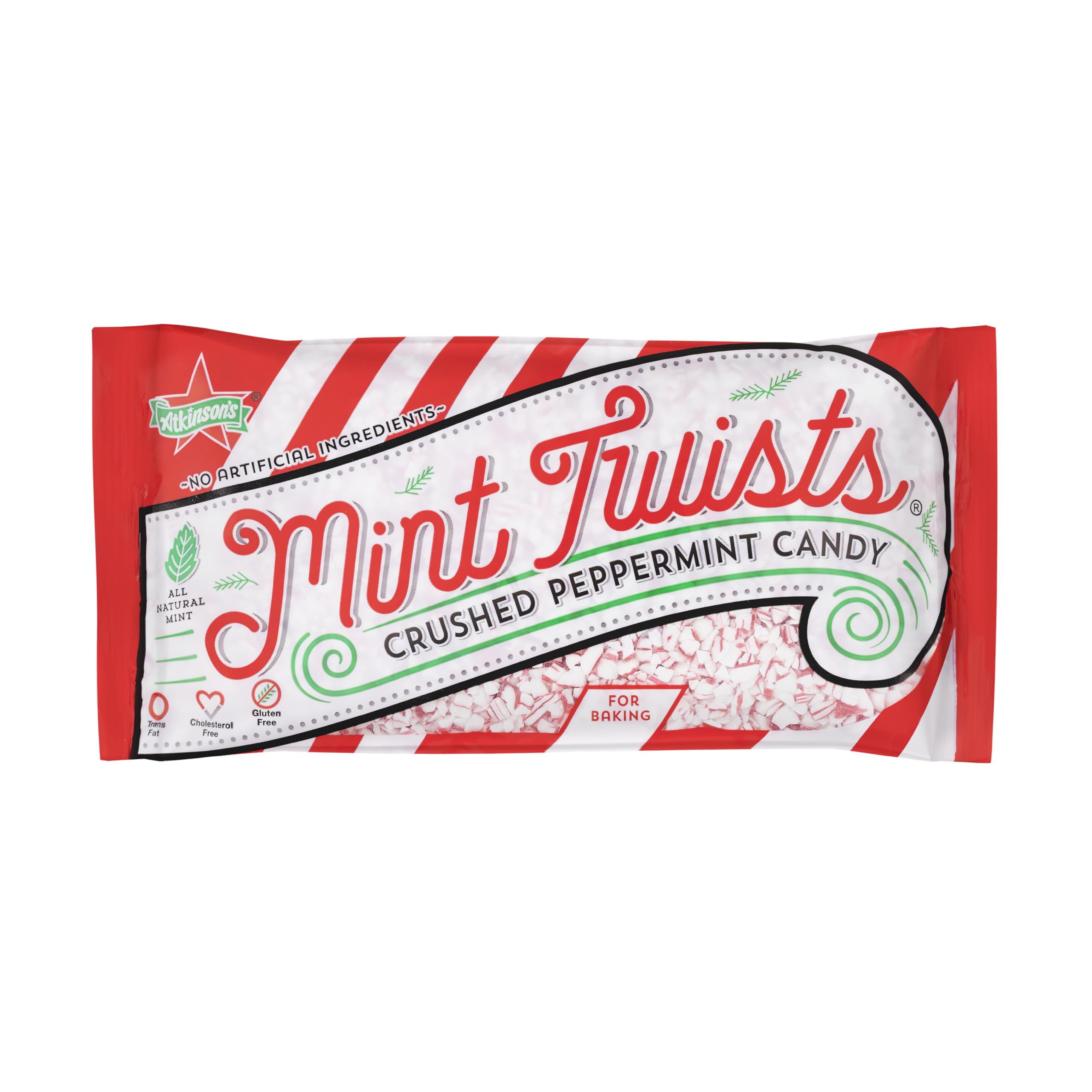 Atkinson's Mint Twists Crushed in a resealable peg bag for fresh minty snacking.
