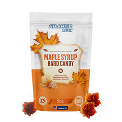 Atlantic Rush Real Maple Leaf Drop Candy 5oz bag close-up with VT maple flavor.