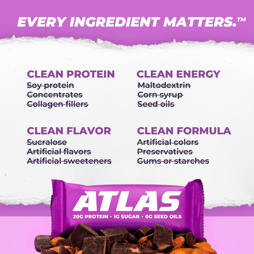 Atlas Bar no seed oils graphic emphasizing clean fat profile.