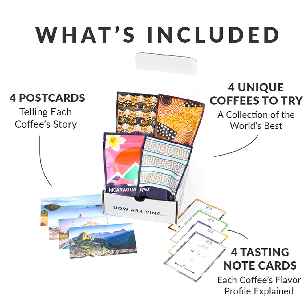 Country postcards and tasting notes accompany each roast for a richer home experience.
