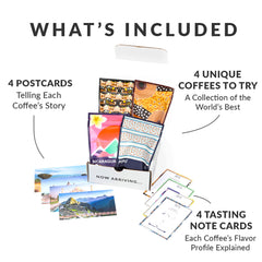 Country postcards and tasting notes accompany each roast for a richer home experience.