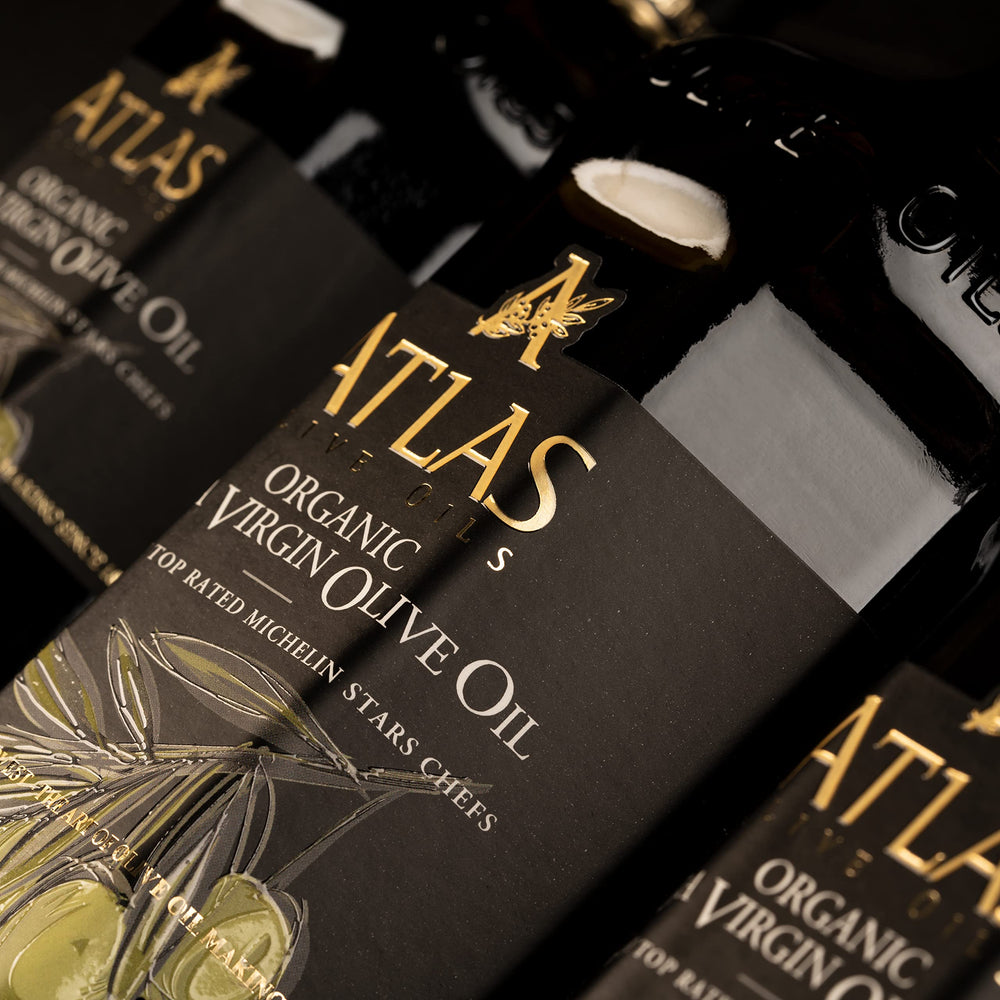 Atlas Olive Oils awards display signals chef approved Moroccan EVOO quality.
