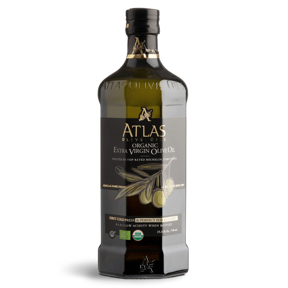 Atlas Olive Oils bottle pour showcases premium Moroccan EVOO for cooking.