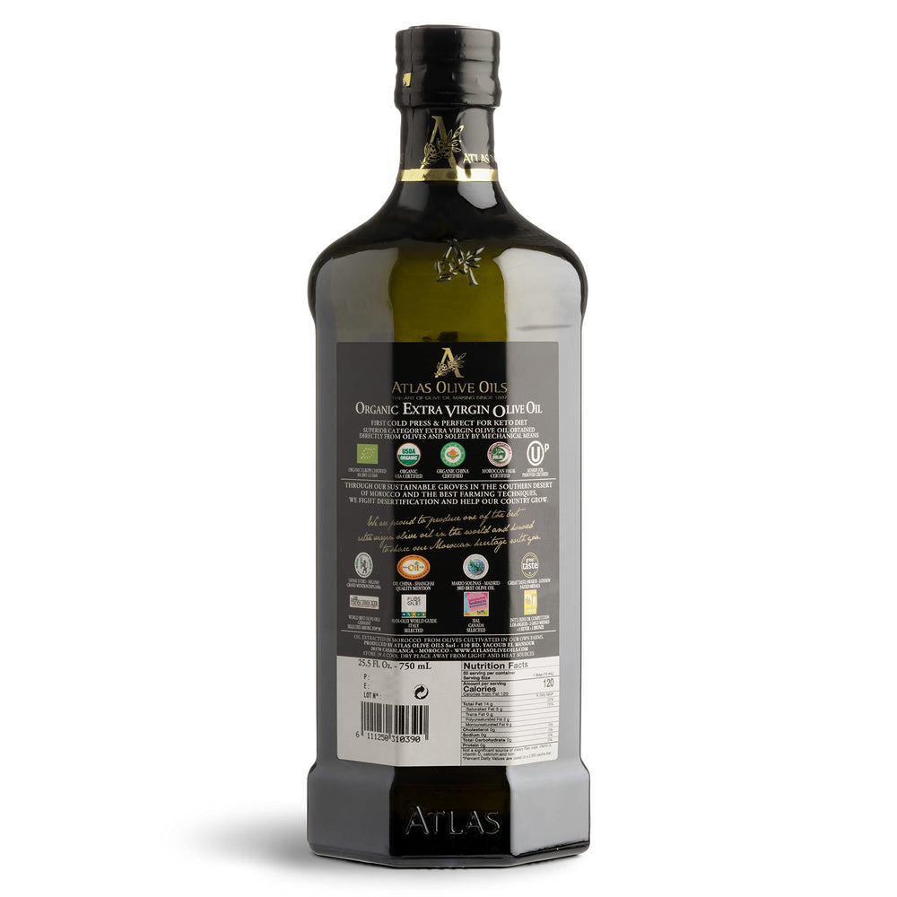 Atlas Olive Oils glass bottle view highlights authentic Moroccan EVOO quality.