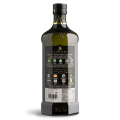 Atlas Olive Oils glass bottle view highlights authentic Moroccan EVOO quality.