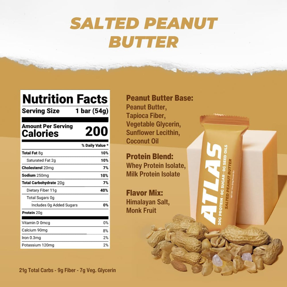 Atlas Protein Bar ingredients label with peanuts and coconut oil emphasize real food base.