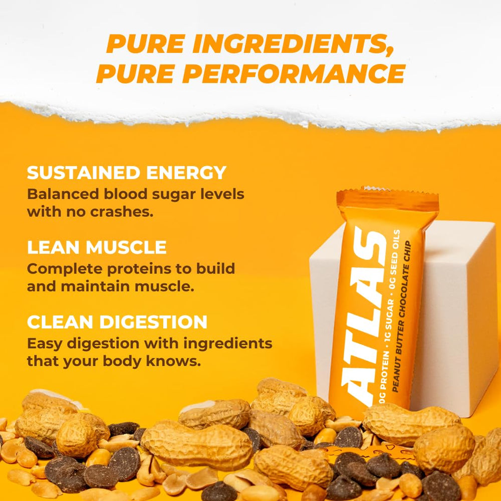 Atlas Real Food Bar flavor peanut butter chocolate chip highlighted in image