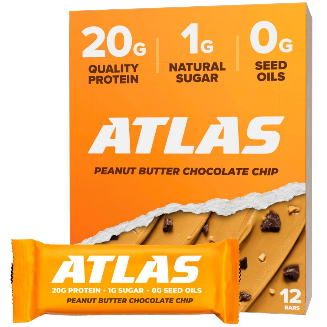 Atlas Real Food Protein Bar packaging featuring peanut butter chocolate chip flavor for on-the-go snacking