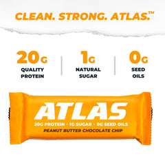 Atlas Real Food Protein Bar close-up texture highlights crunchy peanuts and chocolate chips
