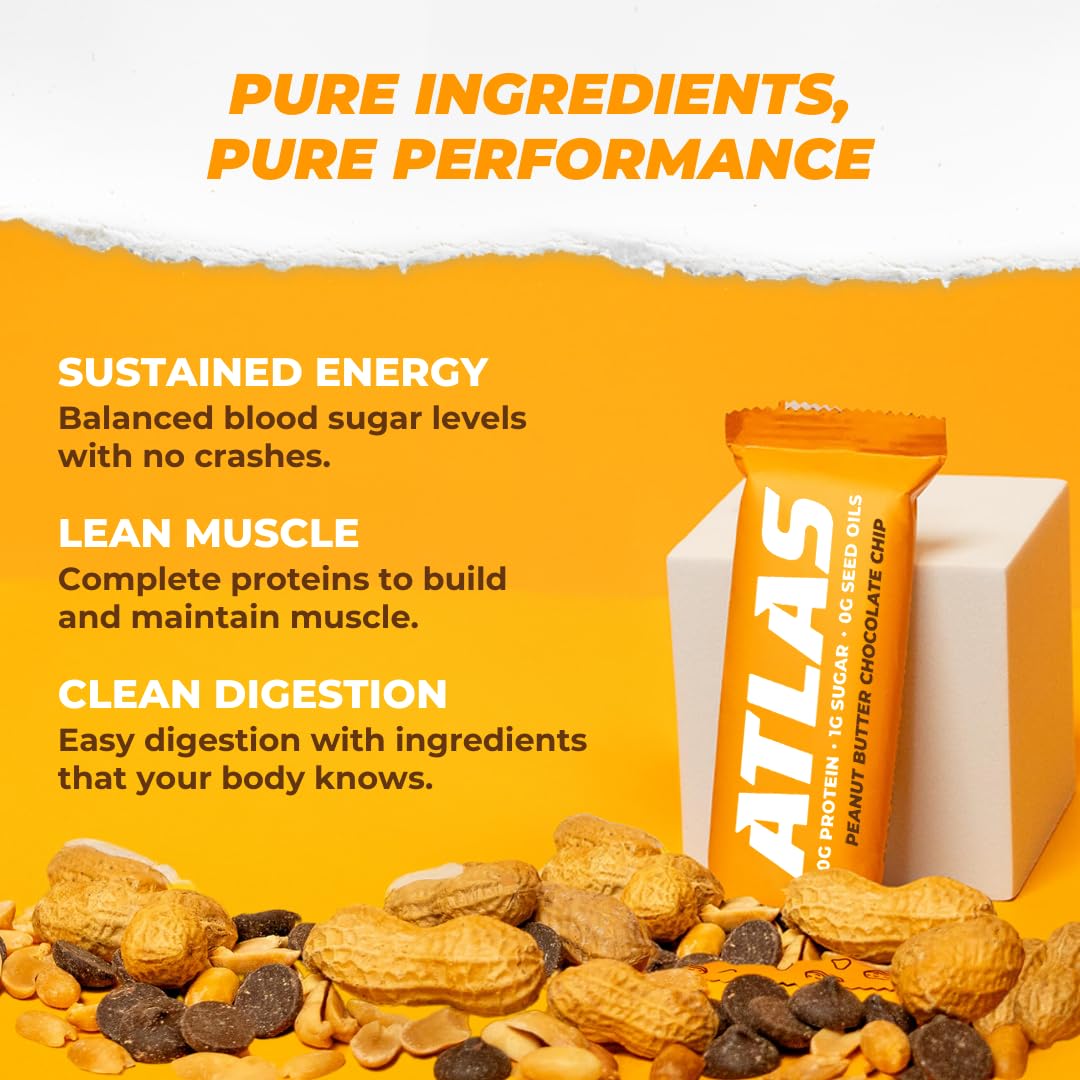 Atlas Real Food Protein Bar package on shelf suggests a clean-label snack choice