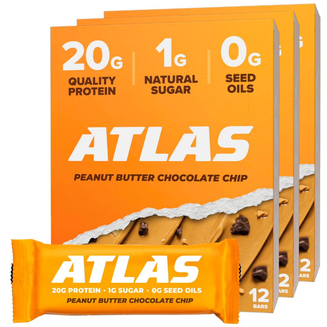 Atlas Real Food Protein Bar front packaging shows peanut butter chocolate chip flavor for a quick protein snack