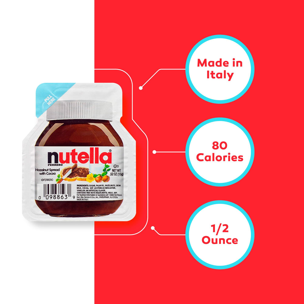 ATREVO Nutella mini cups with wooden spoons included for easy spreading.