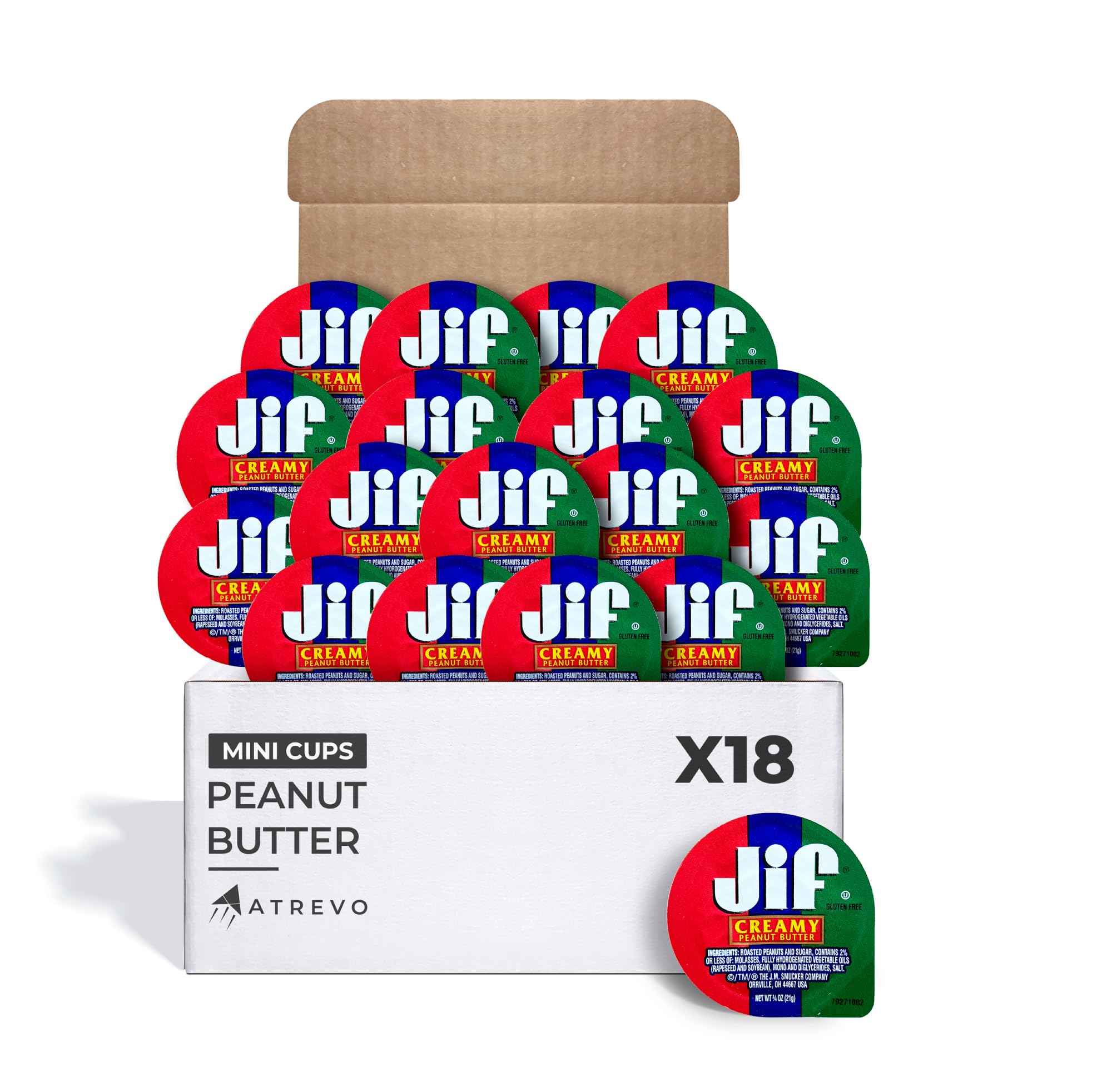 ATREVO peanut butter to-go cups with wooden spoons in an 18-pack, ideal for office sharing.