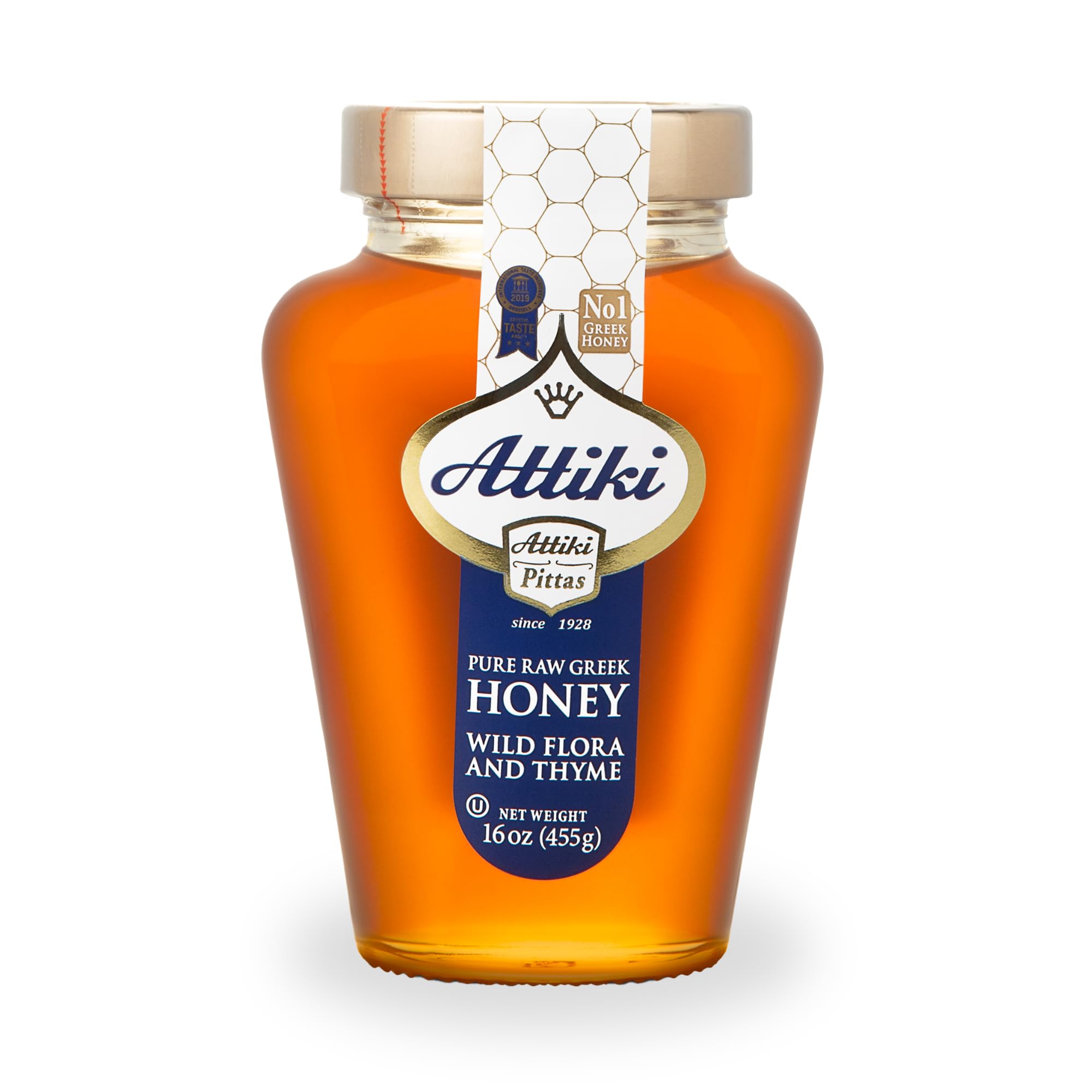 Attiki Pure Greek Honey jar front with wild flora, ideal for drizzling on feta