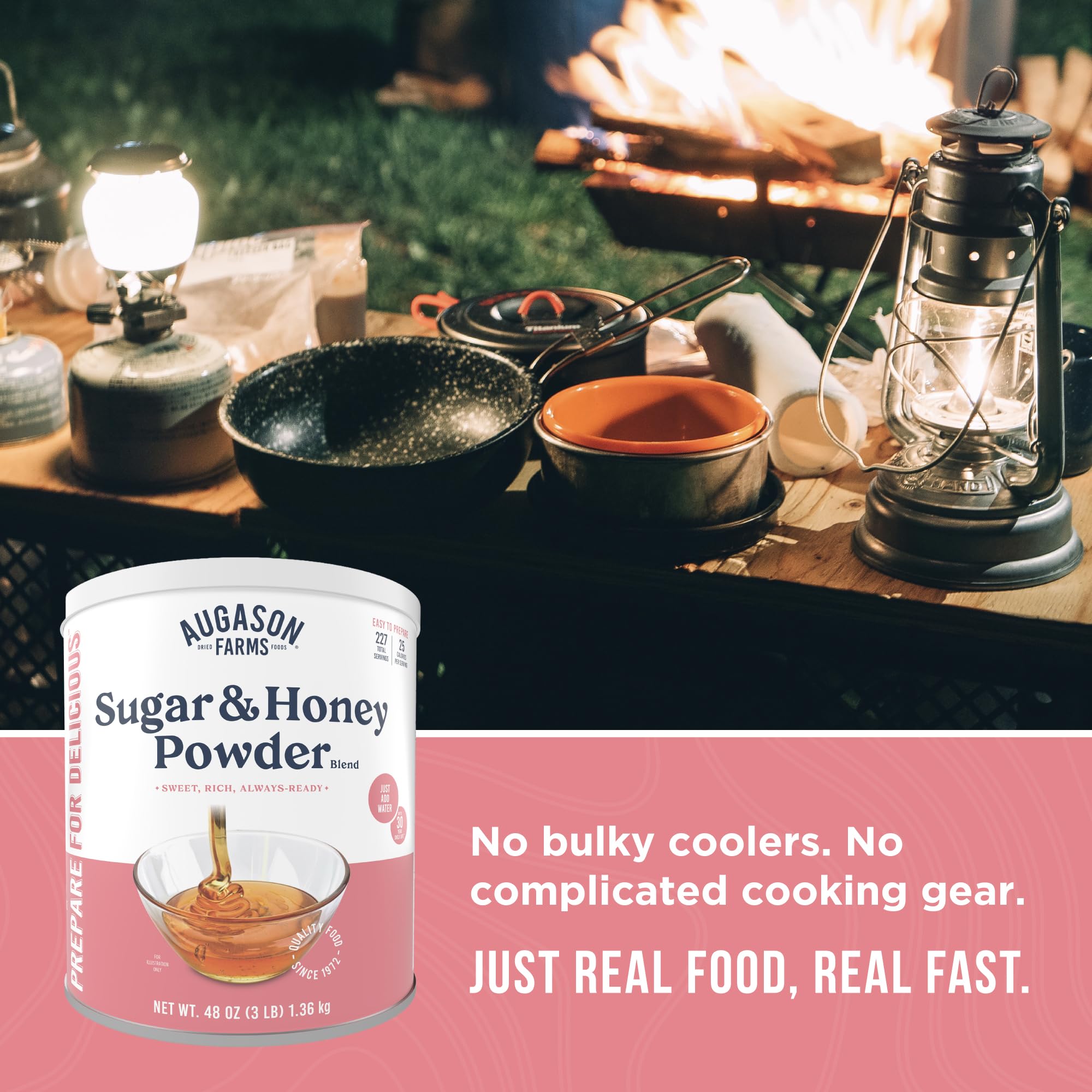 Augason Farms 30-year shelf life label on honey sugar powder can.