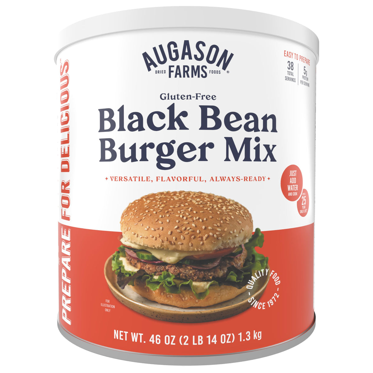 Augason Farms Black Bean Burger Mix can front displays gluten-free, protein-rich emergency staple.