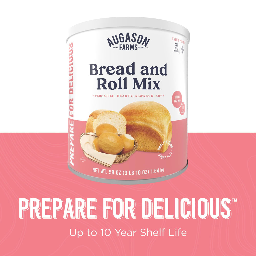 Augason Farms bread and roll mix can 10-year shelf life for long-term storage