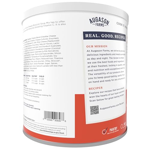 Augason Farms cheesy broccoli soup can back view showing packaging and storage details