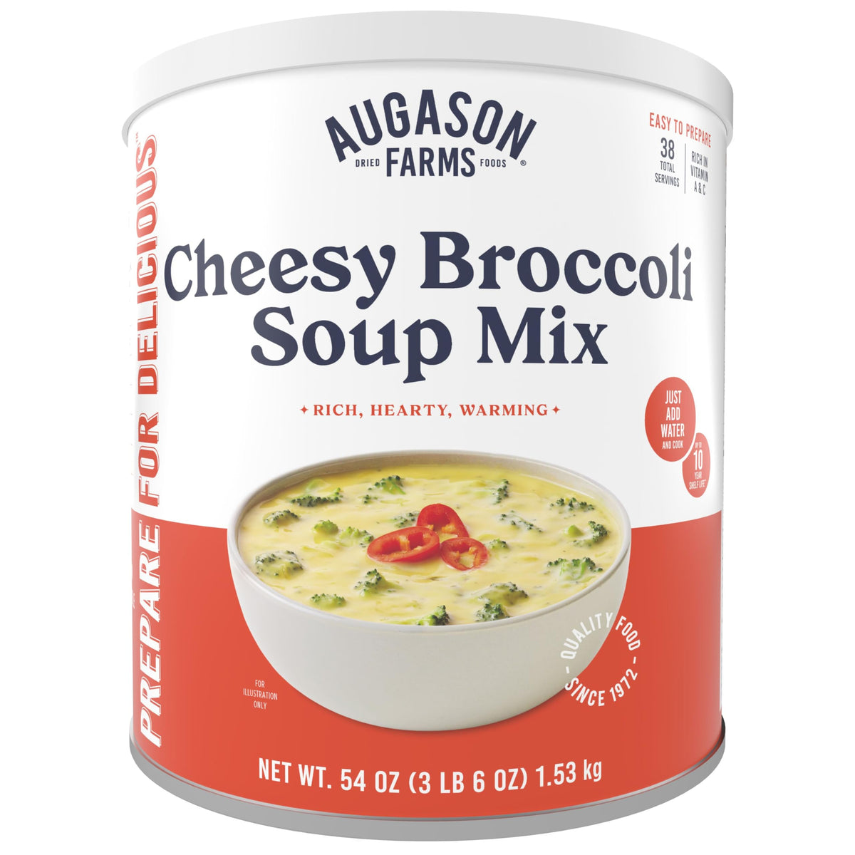 Augason Farms cheesy broccoli soup can front view for quick, emergency-ready meals