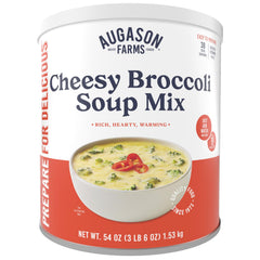 Augason Farms cheesy broccoli soup can front view for quick, emergency-ready meals