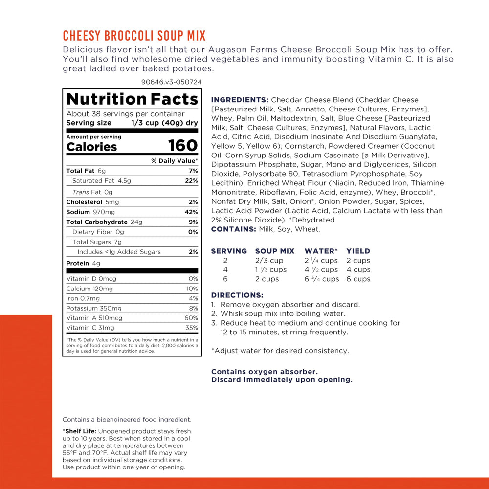 Augason Farms cheesy broccoli soup label close-up emphasizing shelf life