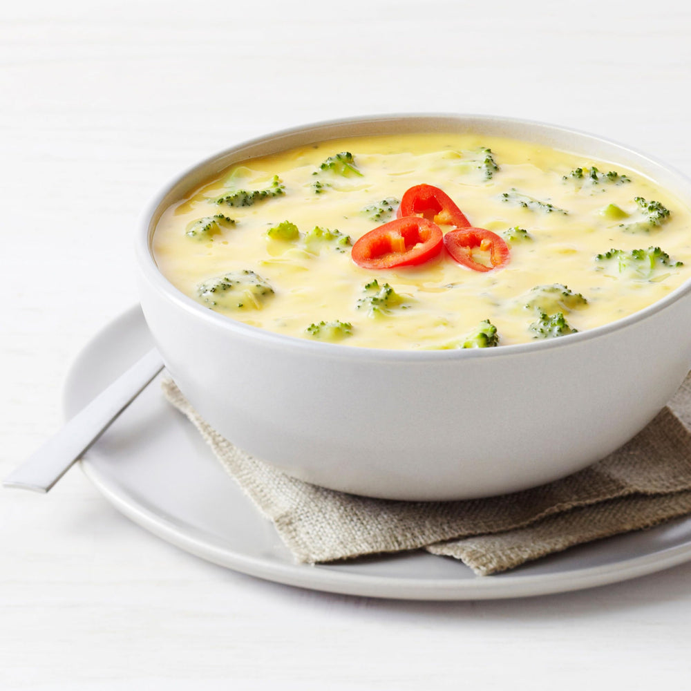 Augason Farms cheesy broccoli soup prepared-pot showcasing creamy texture