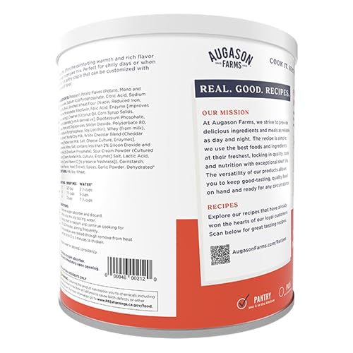 Augason Farms Creamy Potato Soup Can back shows nutrition and storage details for emergency prep.