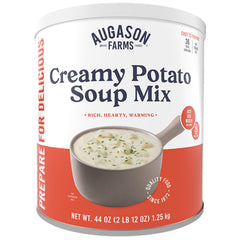 Augason Farms Creamy Potato Soup Can front view highlighting long shelf life and pantry readiness.