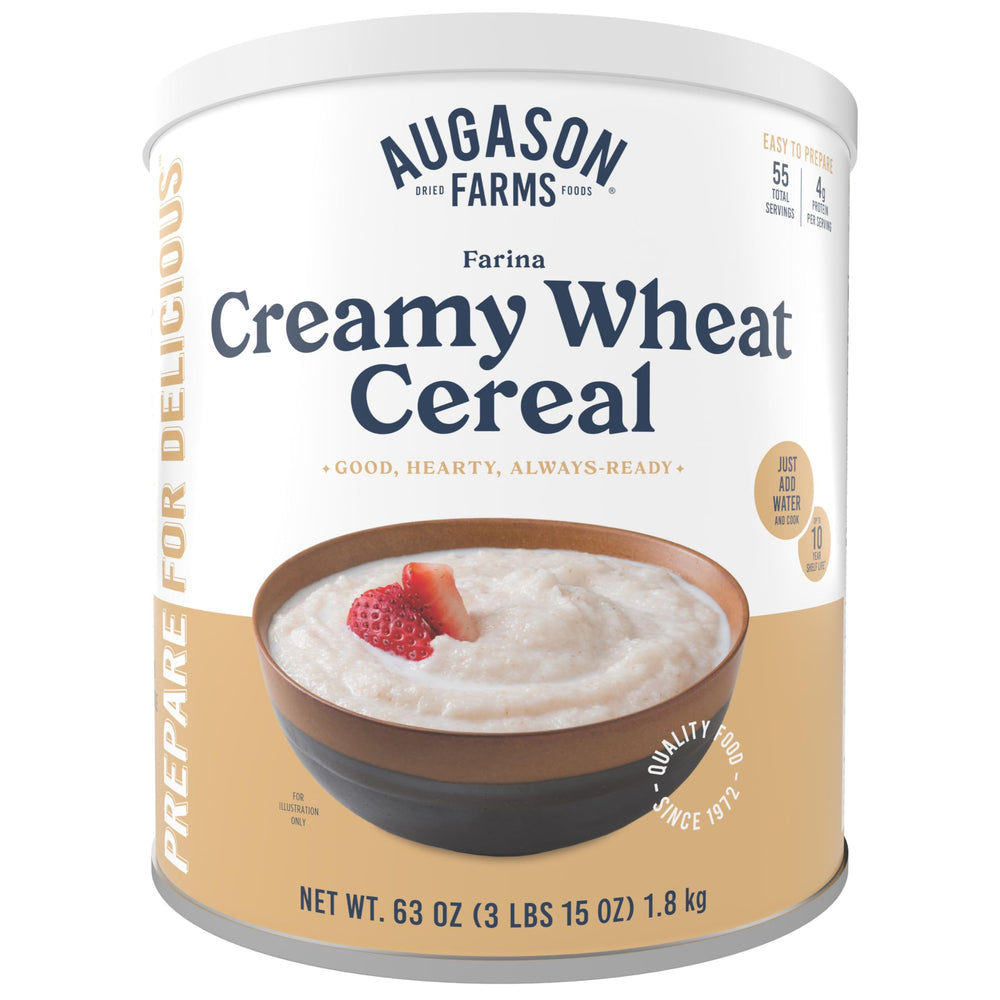 Augason Farms Creamy Wheat Cereal can with 55 servings for long-term pantry storage
