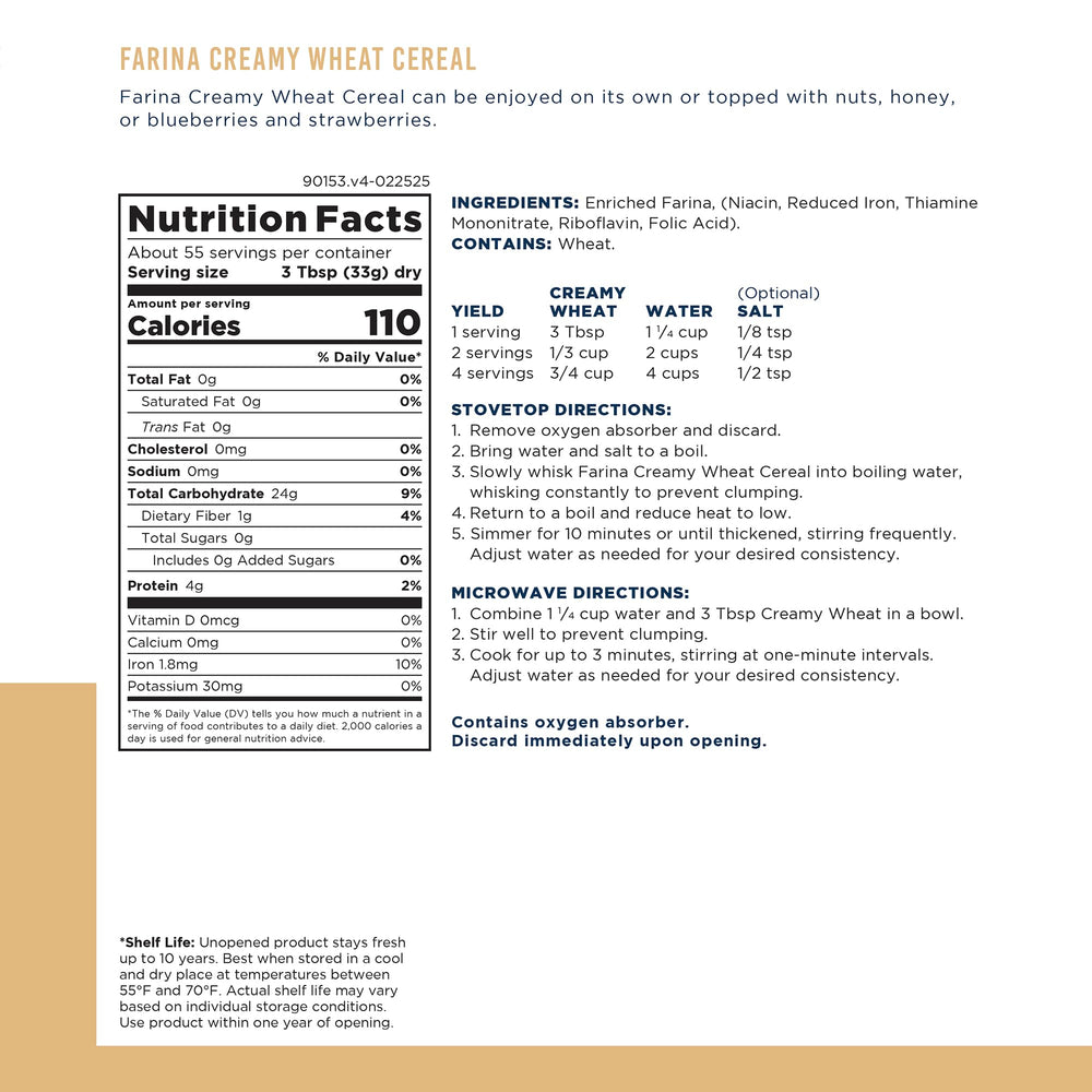Close-up of Augason Farms Creamy Wheat Cereal can packaging showing durable emergency storage