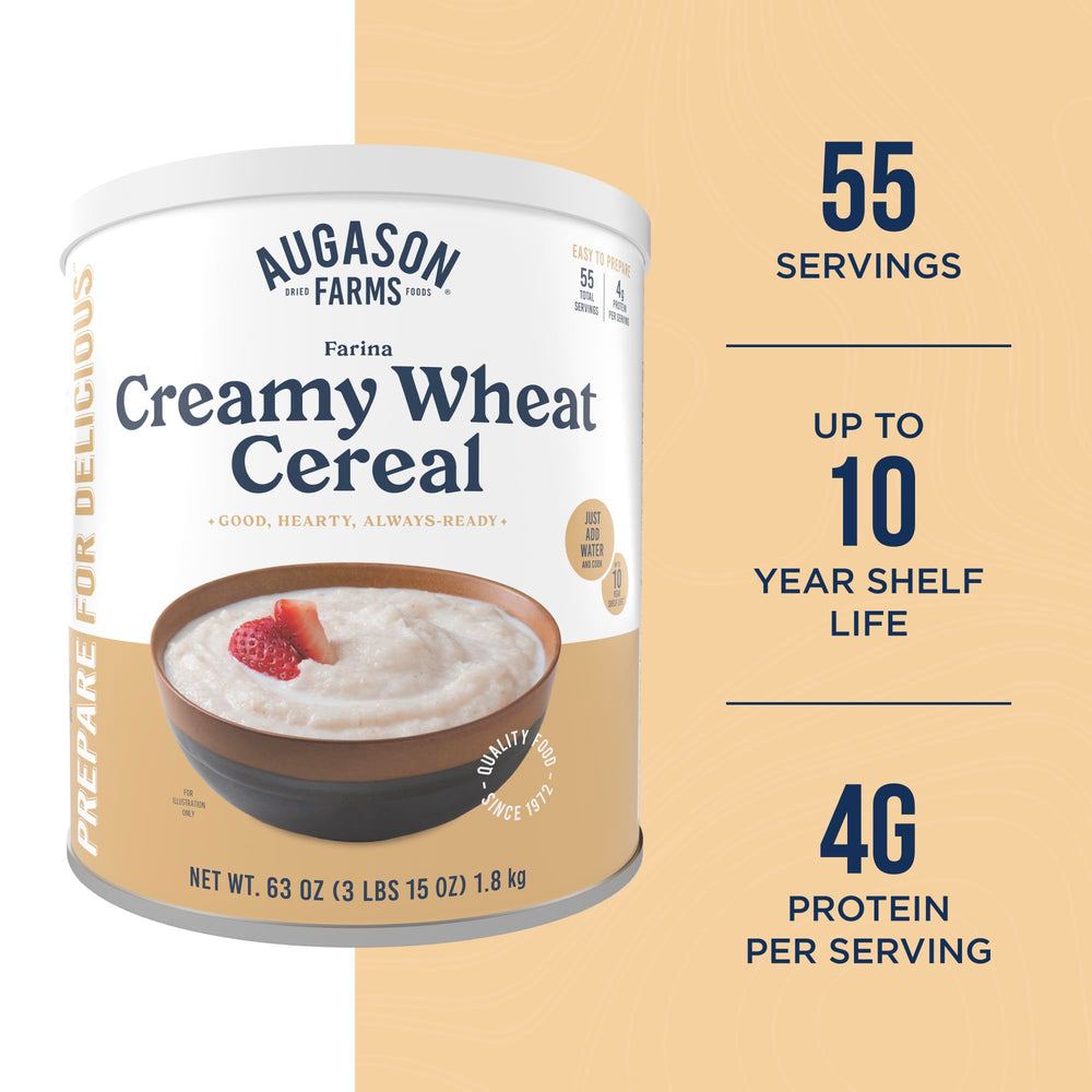 Preparing Augason Farms Creamy Wheat Cereal porridge on the stove for breakfast
