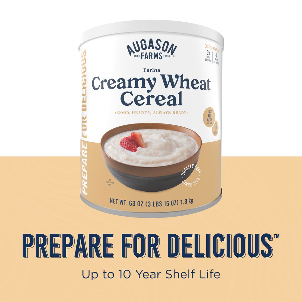 Pantry corner with Augason Farms Creamy Wheat Cereal stored for easy access