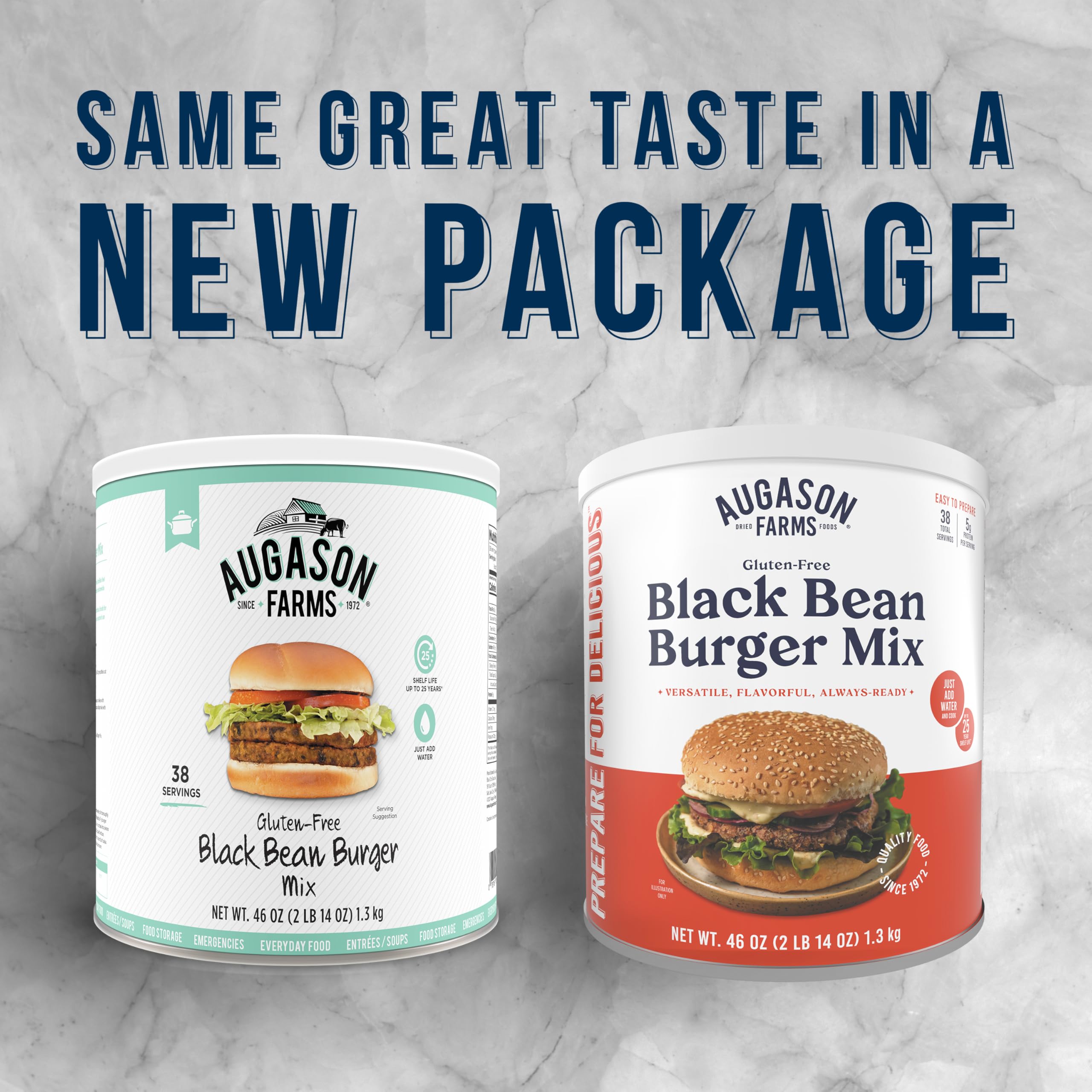 Augason Farms packaging on pantry shelf, emphasizing up to 25-year unopened shelf life.