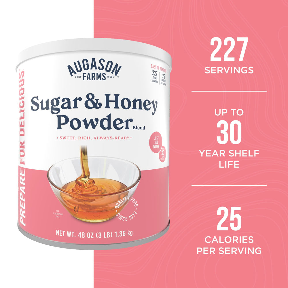 Augason Farms honey sugar powder mix with water to create liquid honey.