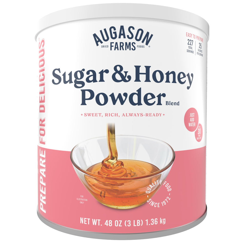 Augason Farms honey sugar powder mix can packaging for long-term pantry storage.