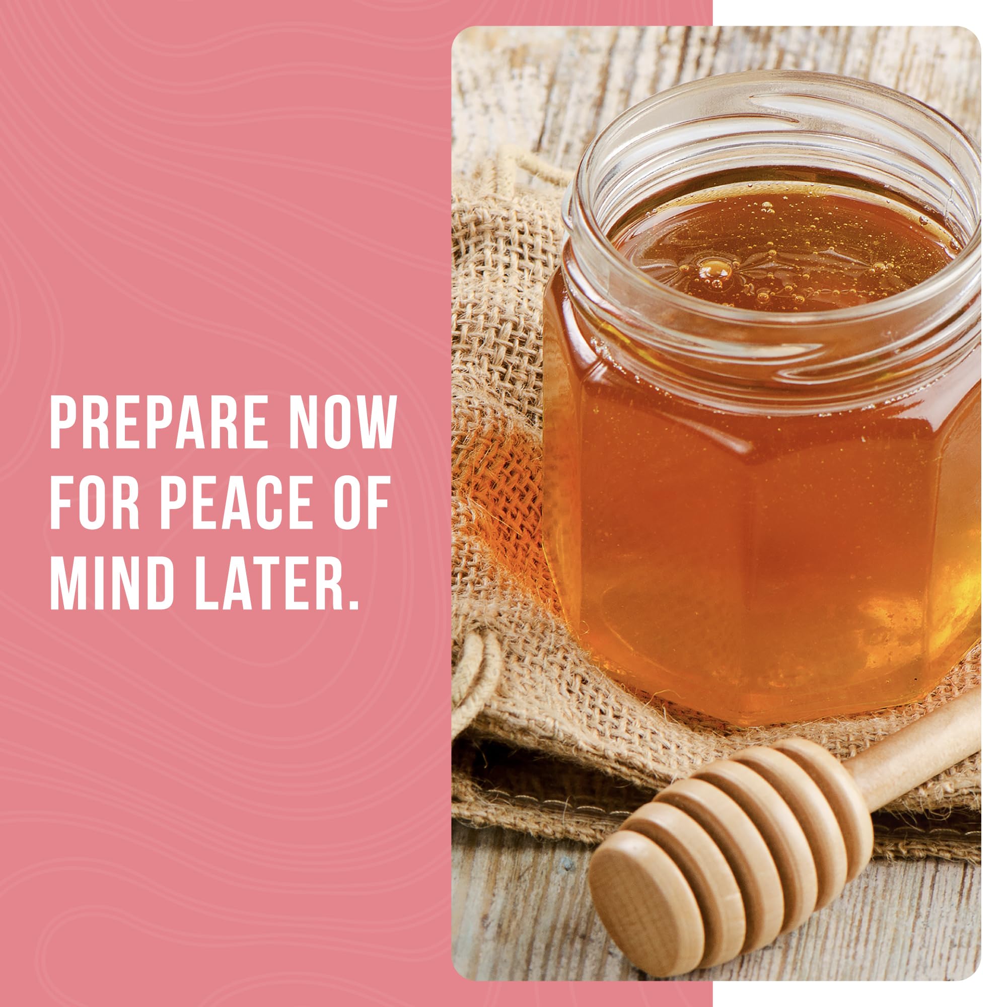 Augason Farms honey sugar powder displayed with serving idea for quick flavor.