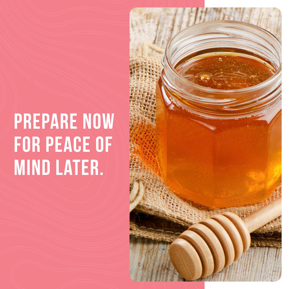 Augason Farms honey sugar powder displayed with serving idea for quick flavor.