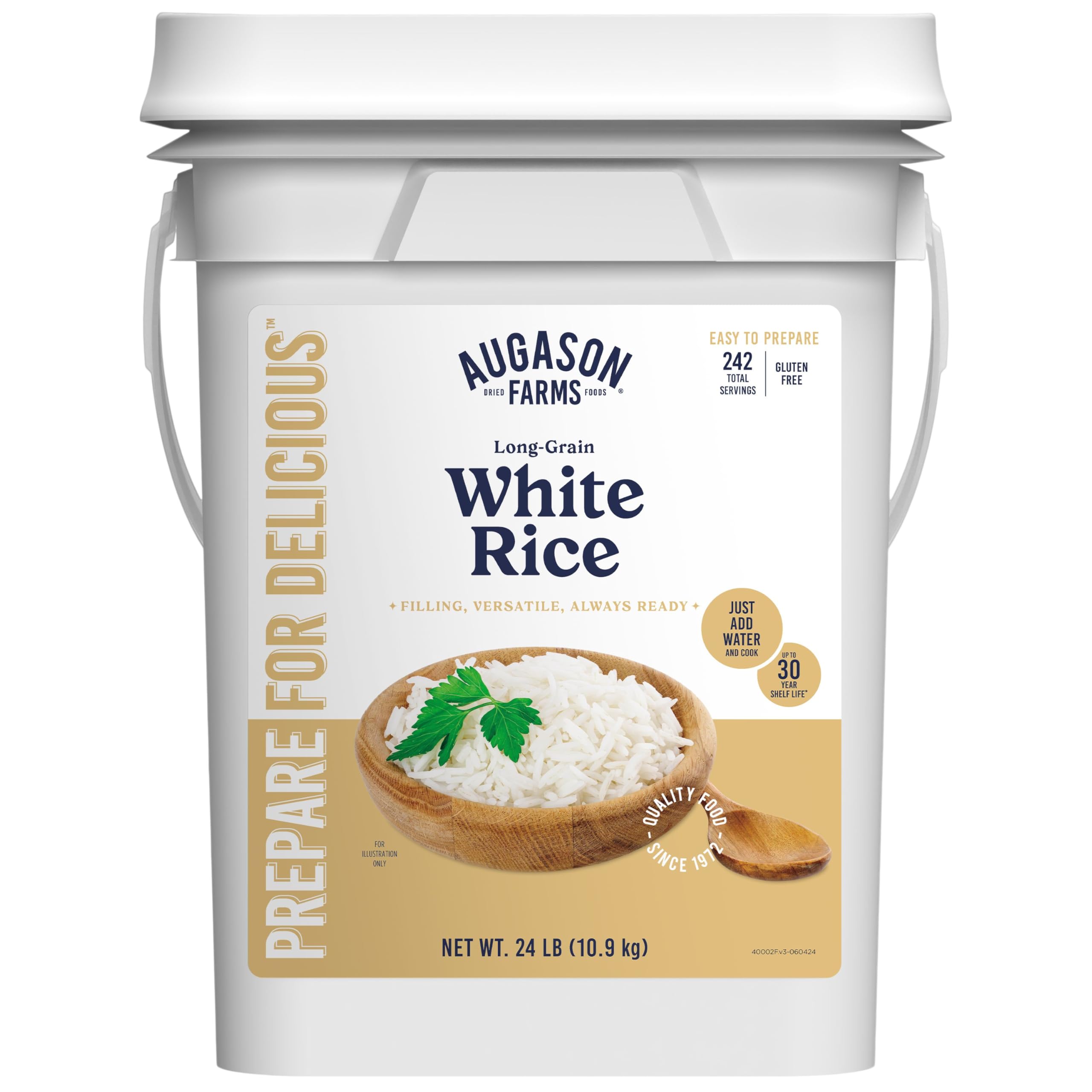 Augason Farms long-grain white rice pail front view for easy storage