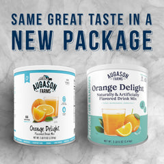 Augason Farms Orange Delight powder dissolving in water to create a citrus beverage.